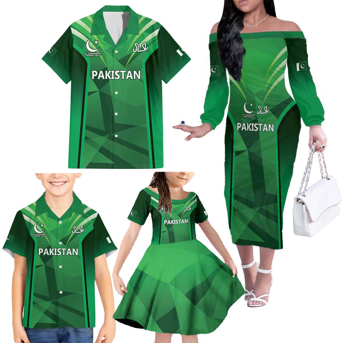 Pakistan Cricket Custom Family Matching Off The Shoulder Long Sleeve Dress and Hawaiian Shirt The Green Shirts with Sporty Pattern - Wonder Print Shop