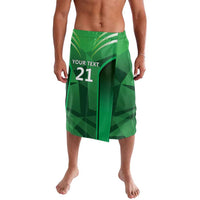 Green lavalava wrap skirt with geometric sporty pattern, custom text and number 21