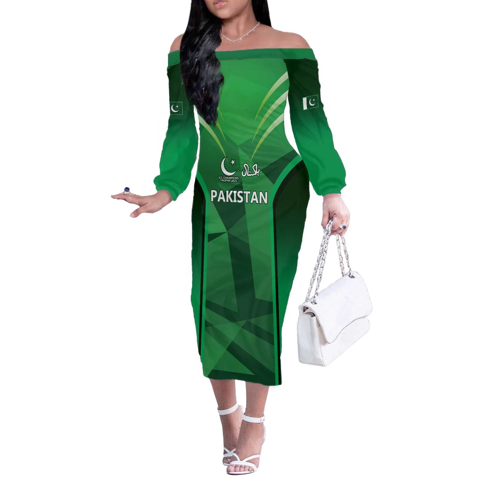 Pakistan Cricket Custom Off The Shoulder Long Sleeve Dress The Green Shirts with Sporty Pattern - Wonder Print Shop