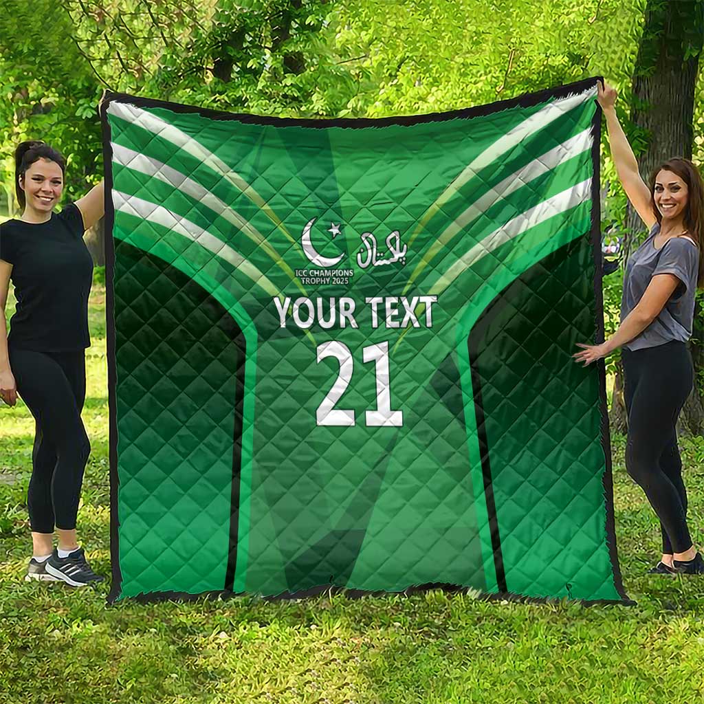 Green quilt blanket with jersey stripes pattern, 'YOUR TEXT' and large number 21