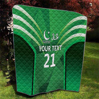 Green quilt blanket with jersey stripes, ICC emblem, 'YOUR TEXT' and number 21