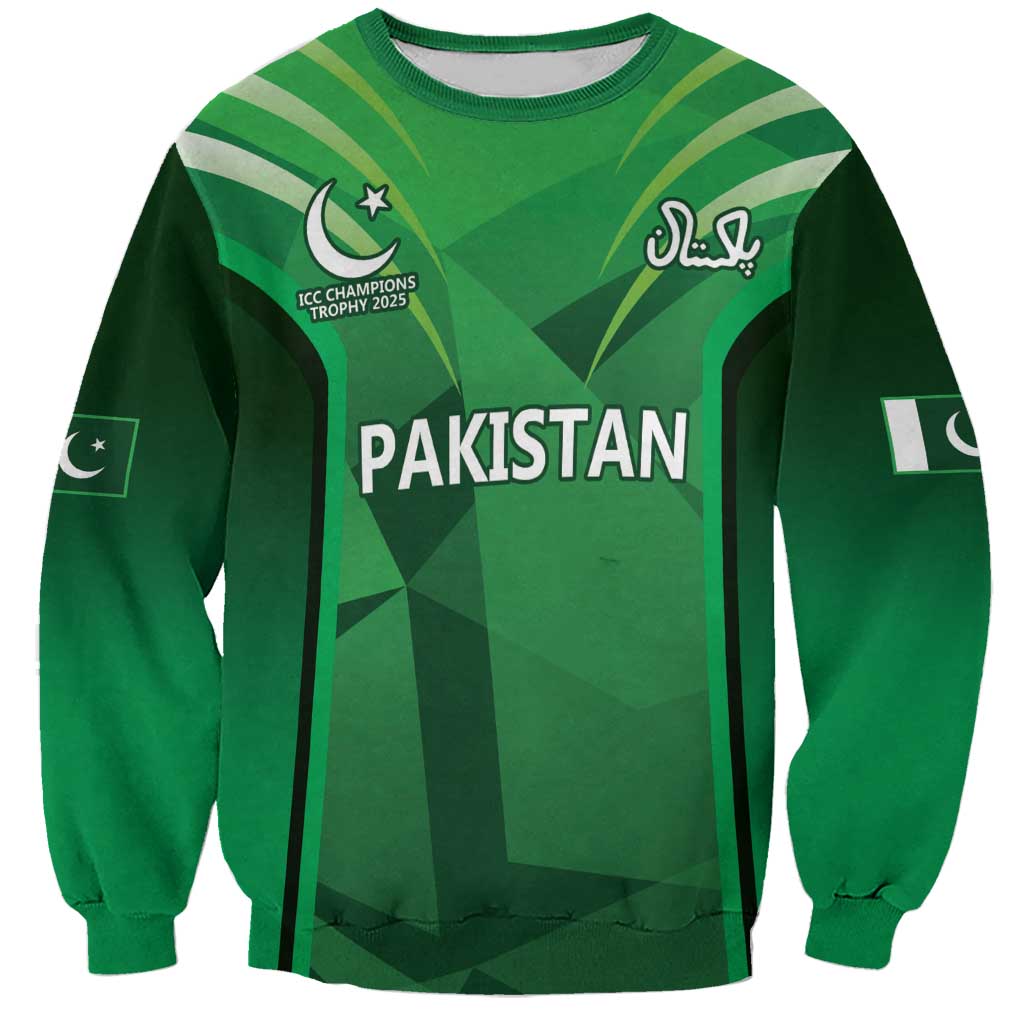 Unisex green cricket sweatshirt with Pakistan crest, sporty pattern, crew neck