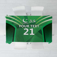 Green custom tablecloth with sporty geometric pattern, cricket emblem, and number 21 center.