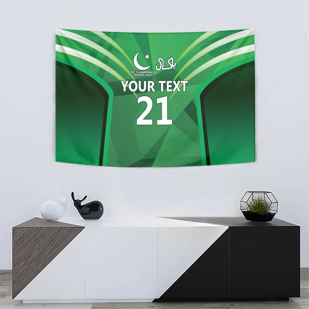 Green cricket tapestry with green-and-white curved stripe pattern and 'YOUR TEXT 21'.