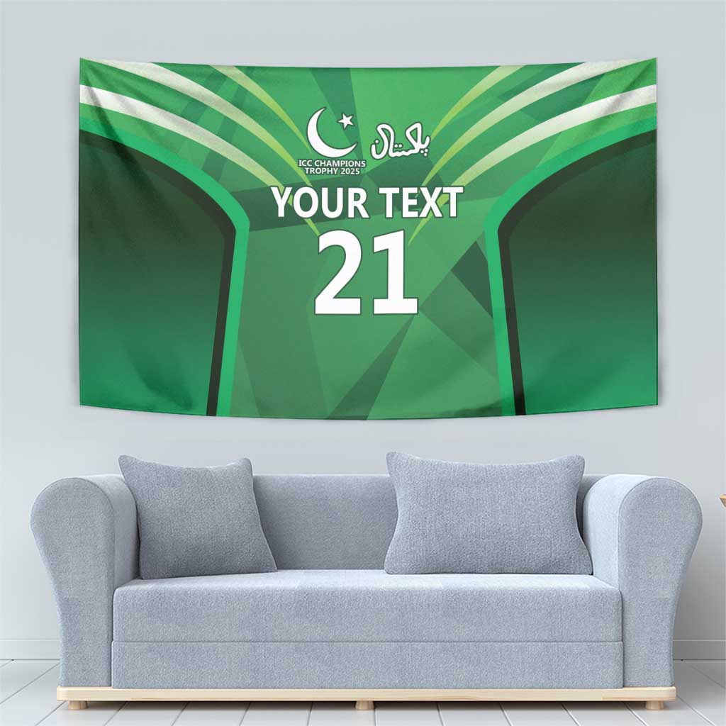Green cricket tapestry with curved white stripes and bold 'YOUR TEXT 21' in the center.