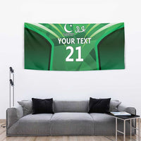Green cricket tapestry with dark-green panels, crescent logo, and 'YOUR TEXT 21' text.