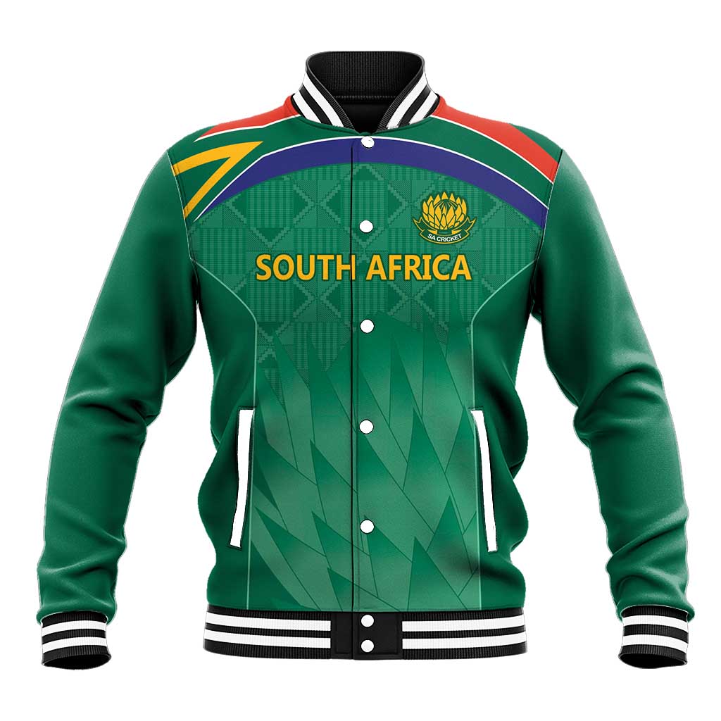 Green baseball jacket with striped collar and cuffs, button front, SOUTH AFRICA graphic