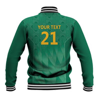Green baseball jacket back with striped collar and cuffs, YOUR TEXT 21