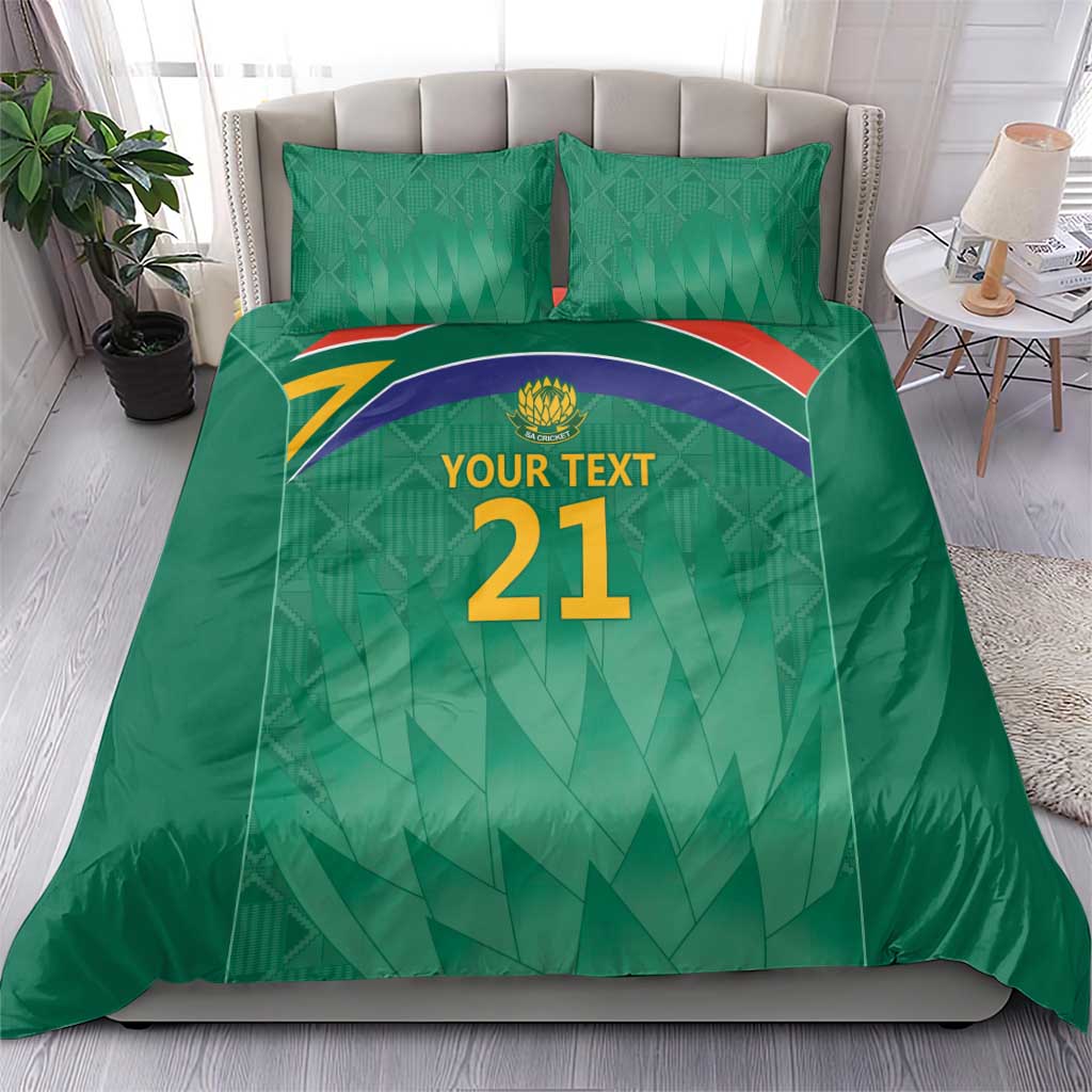Green South Africa cricket duvet and 2 pillowcases with crest, arc stripes, and 'Your text 21'