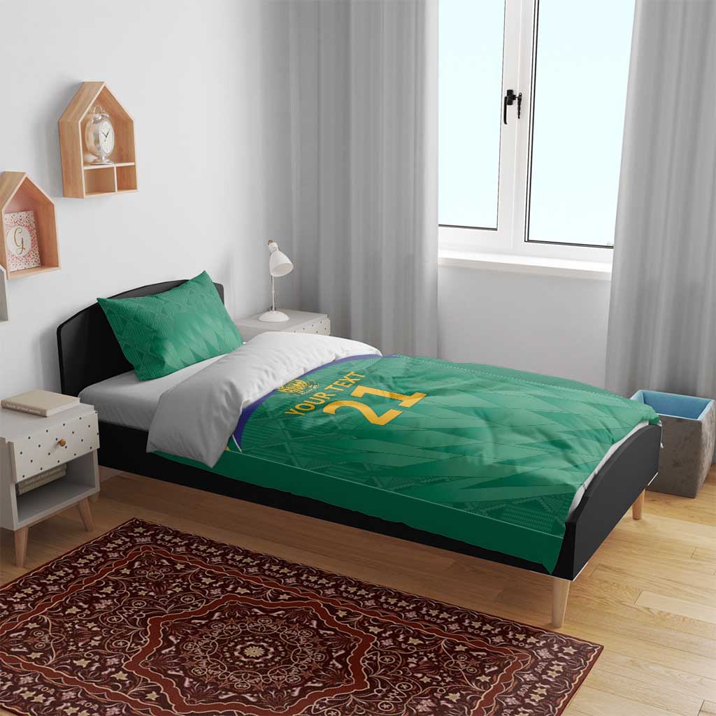 Green South Africa cricket bedding set on bed, duvet and 2 pillowcases with crest and 'Your text 21'