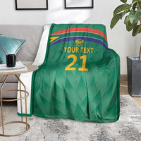 Green cricket blanket with flag stripes, Proteas crest, and 'YOUR TEXT 21'.