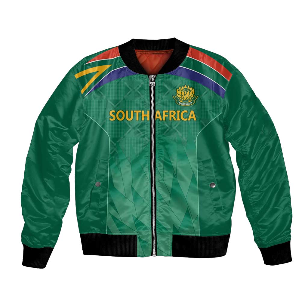 Green bomber jacket with full zipper, ribbed black cuffs, South Africa crest on front