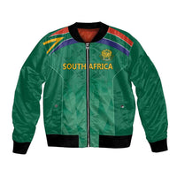 Green bomber jacket with full zipper, ribbed black cuffs, South Africa crest on front