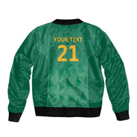 Green bomber jacket back with black ribbed hem, YOUR TEXT 21 graphic