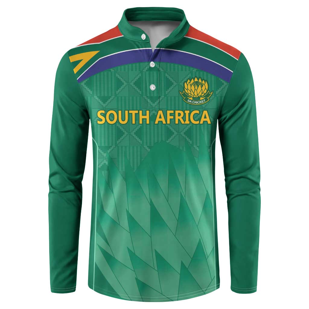 Green button-up cricket sweatshirt with 'SOUTH AFRICA' front graphic and crest