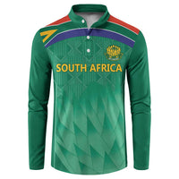 Green button-up cricket sweatshirt with 'SOUTH AFRICA' front graphic and crest