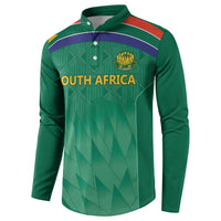 Green button-up cricket sweatshirt with 'SOUTH AFRICA' chest text and crest logo