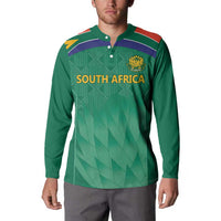 Green button-up cricket sweatshirt with 'SOUTH AFRICA' chest text and yellow crest