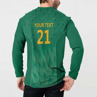 Green button-up cricket sweatshirt back with 'YOUR TEXT' and '21' graphic