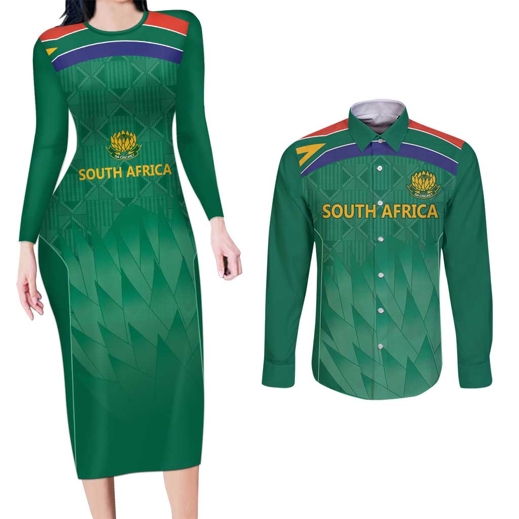 South Africa Cricket Custom Couples Matching Long Sleeve Bodycon Dress and Long Sleeve Button Shirt Proteas Green LT9 - Wonder Print Shop