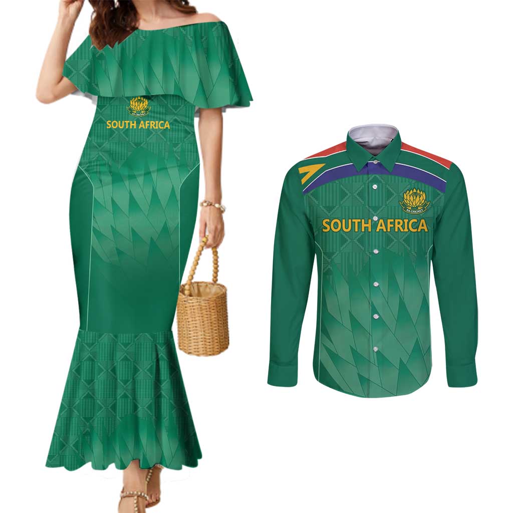 South Africa Cricket Custom Couples Matching Mermaid Dress and Long Sleeve Button Shirt Proteas Green