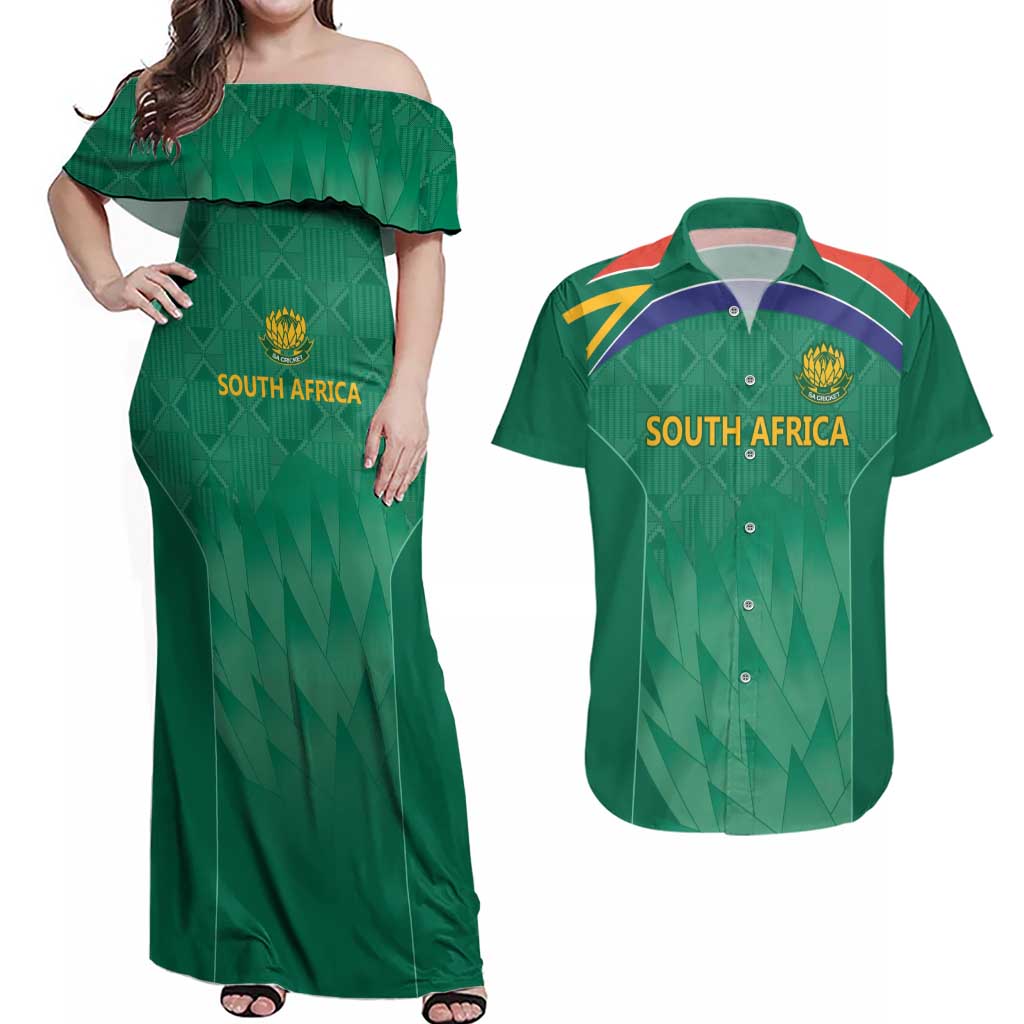 South Africa Cricket Custom Couples Matching Off Shoulder Maxi Dress and Hawaiian Shirt Proteas Green LT9 - Wonder Print Shop