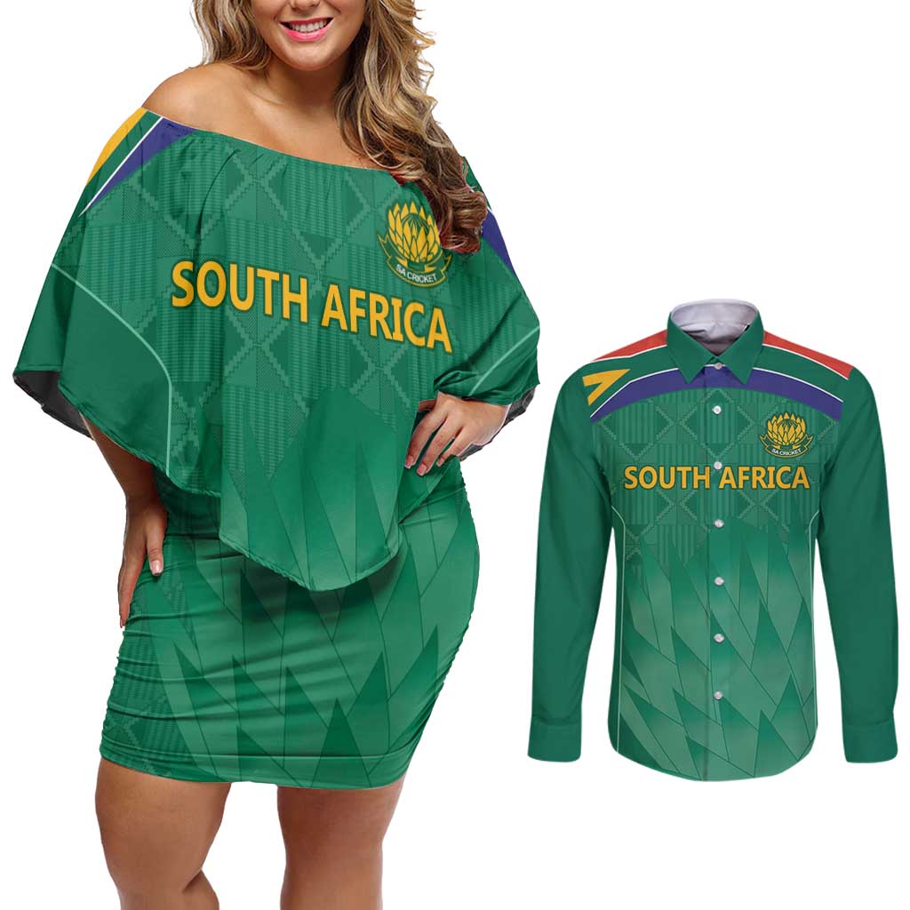 South Africa Cricket Custom Couples Matching Off Shoulder Short Dress and Long Sleeve Button Shirt Proteas Green LT9 - Wonder Print Shop