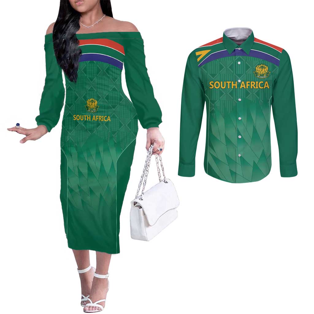 South Africa Cricket Custom Couples Matching Off The Shoulder Long Sleeve Dress and Long Sleeve Button Shirt Proteas Green