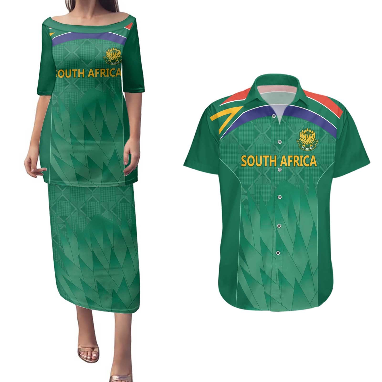 South Africa Cricket Custom Couples Matching Puletasi and Hawaiian Shirt Proteas Green LT9 - Wonder Print Shop