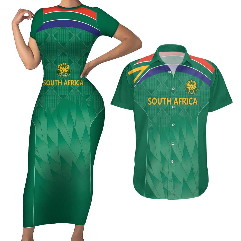 South Africa Cricket Custom Couples Matching Short Sleeve Bodycon Dress and Hawaiian Shirt Proteas Green LT9 - Wonder Print Shop