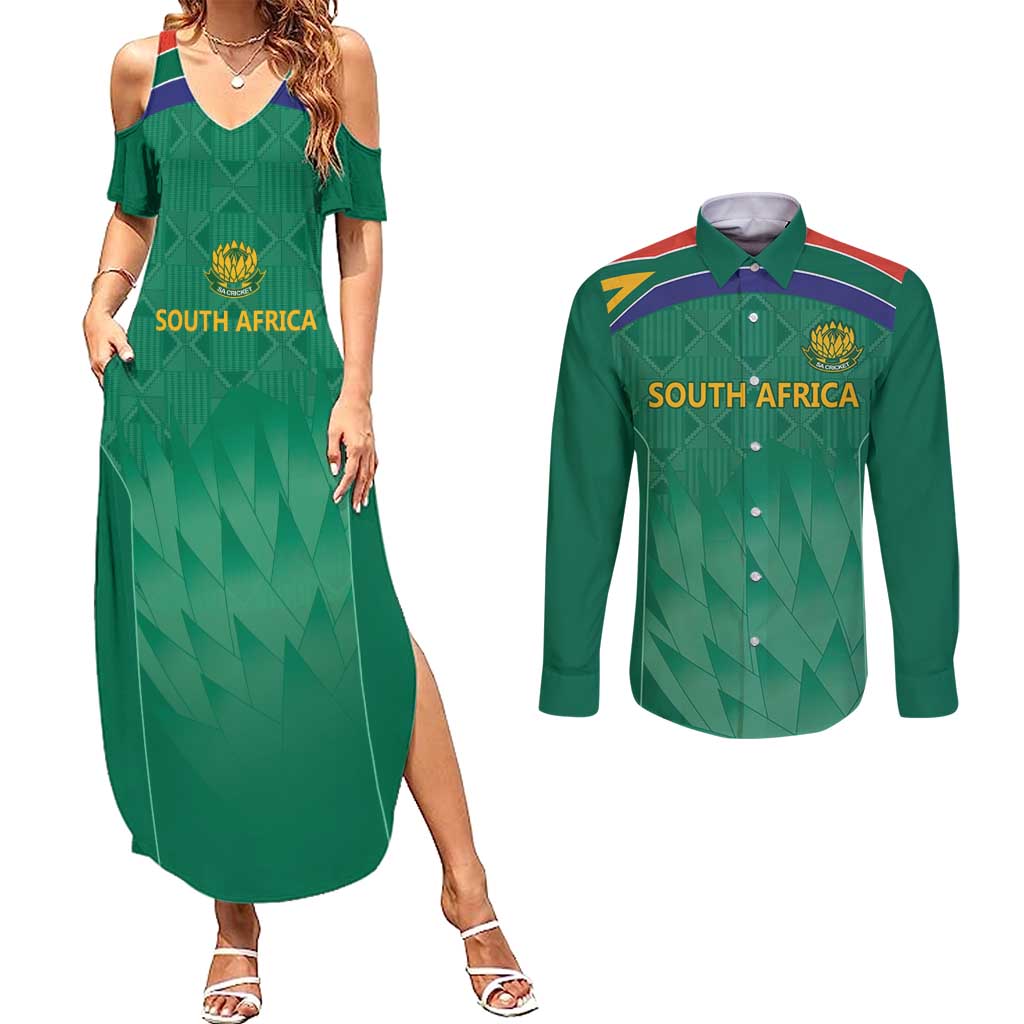 South Africa Cricket Custom Couples Matching Summer Maxi Dress and Long Sleeve Button Shirt Proteas Green LT9 - Wonder Print Shop