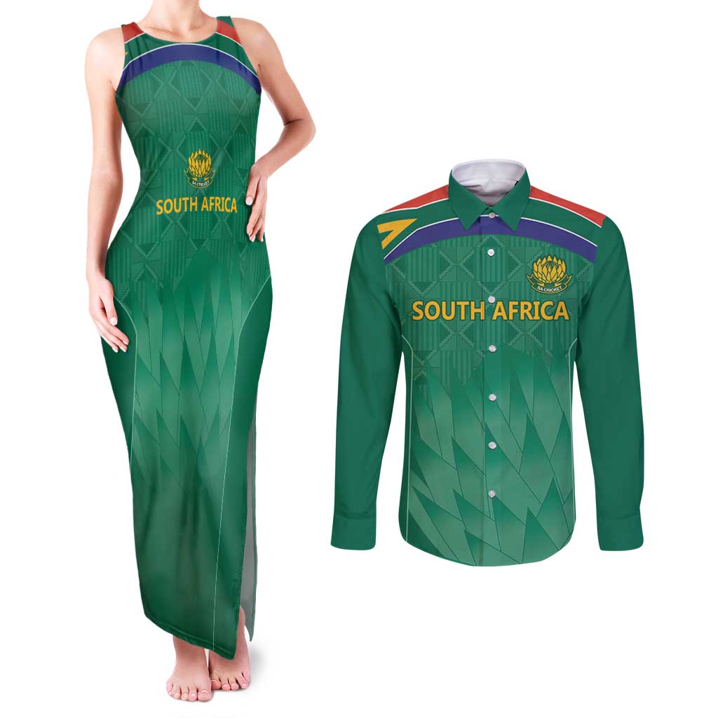 South Africa Cricket Custom Couples Matching Tank Maxi Dress and Long Sleeve Button Shirt Proteas Green LT9 - Wonder Print Shop