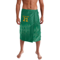 Green patterned lavalava-style cricket shorts with elastic waistband and front print 21