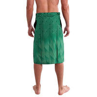 Green patterned lavalava-style cricket shorts, back view, elastic waistband