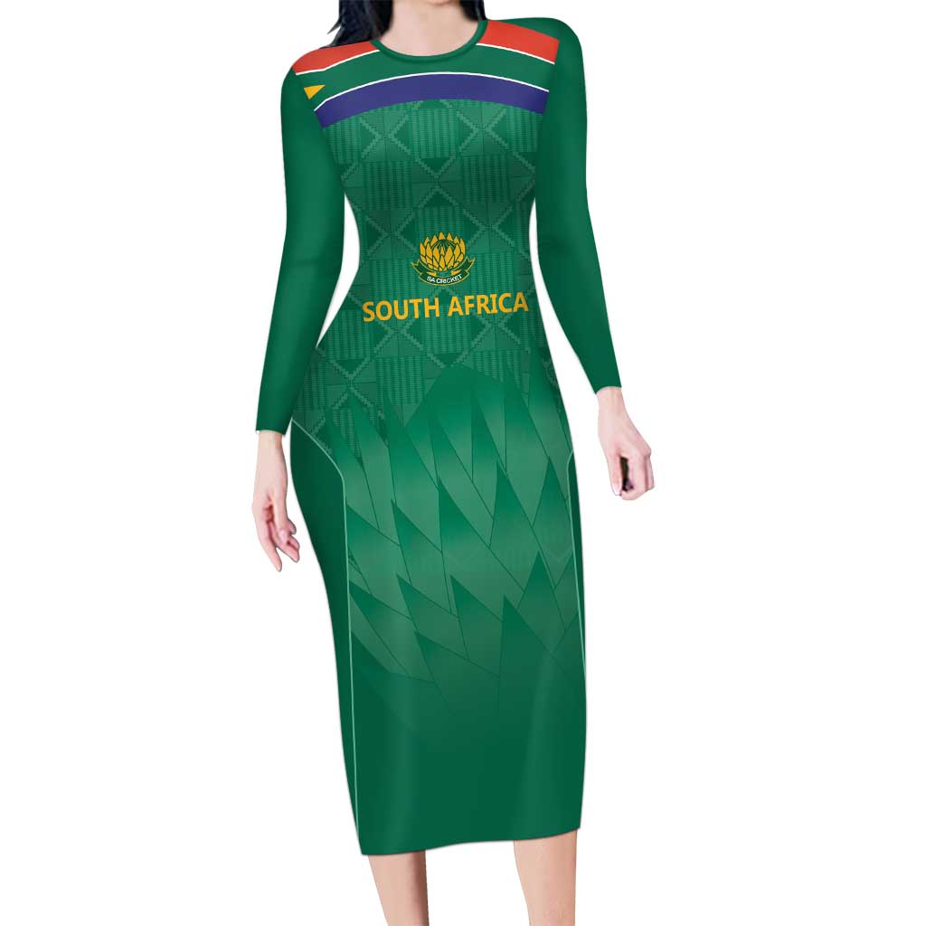 South Africa Cricket Custom Long Sleeve Bodycon Dress Proteas Green - Wonder Print Shop