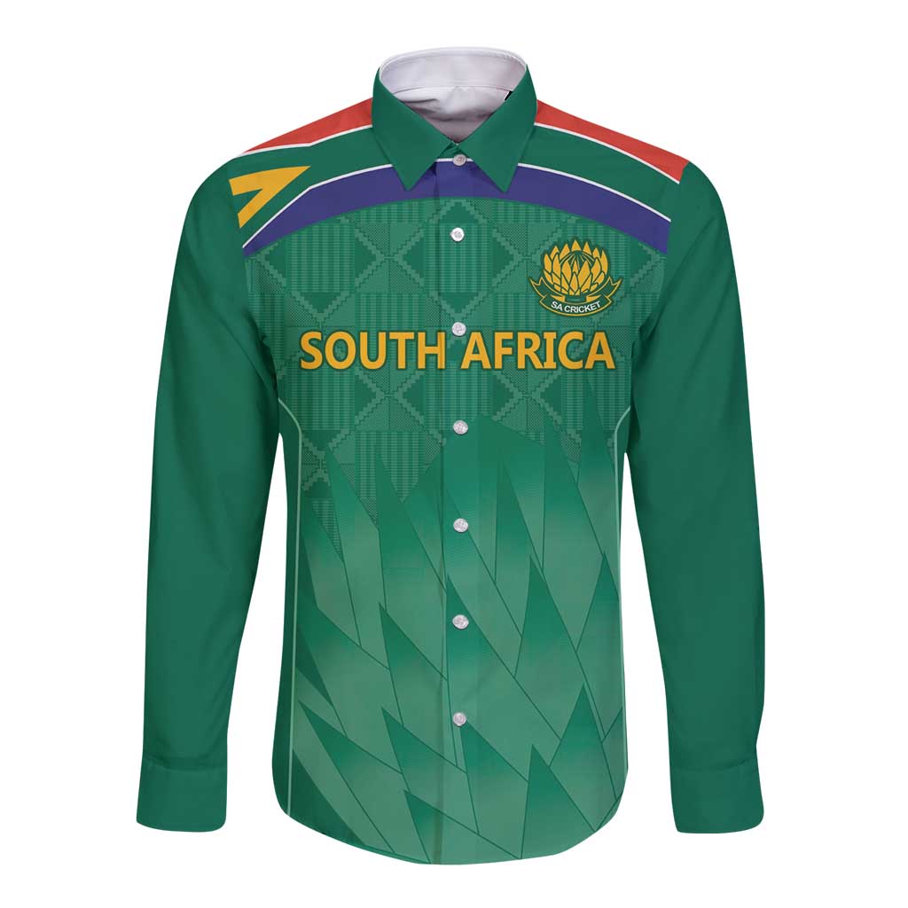 Green long sleeve cricket button shirt with South Africa print and crest