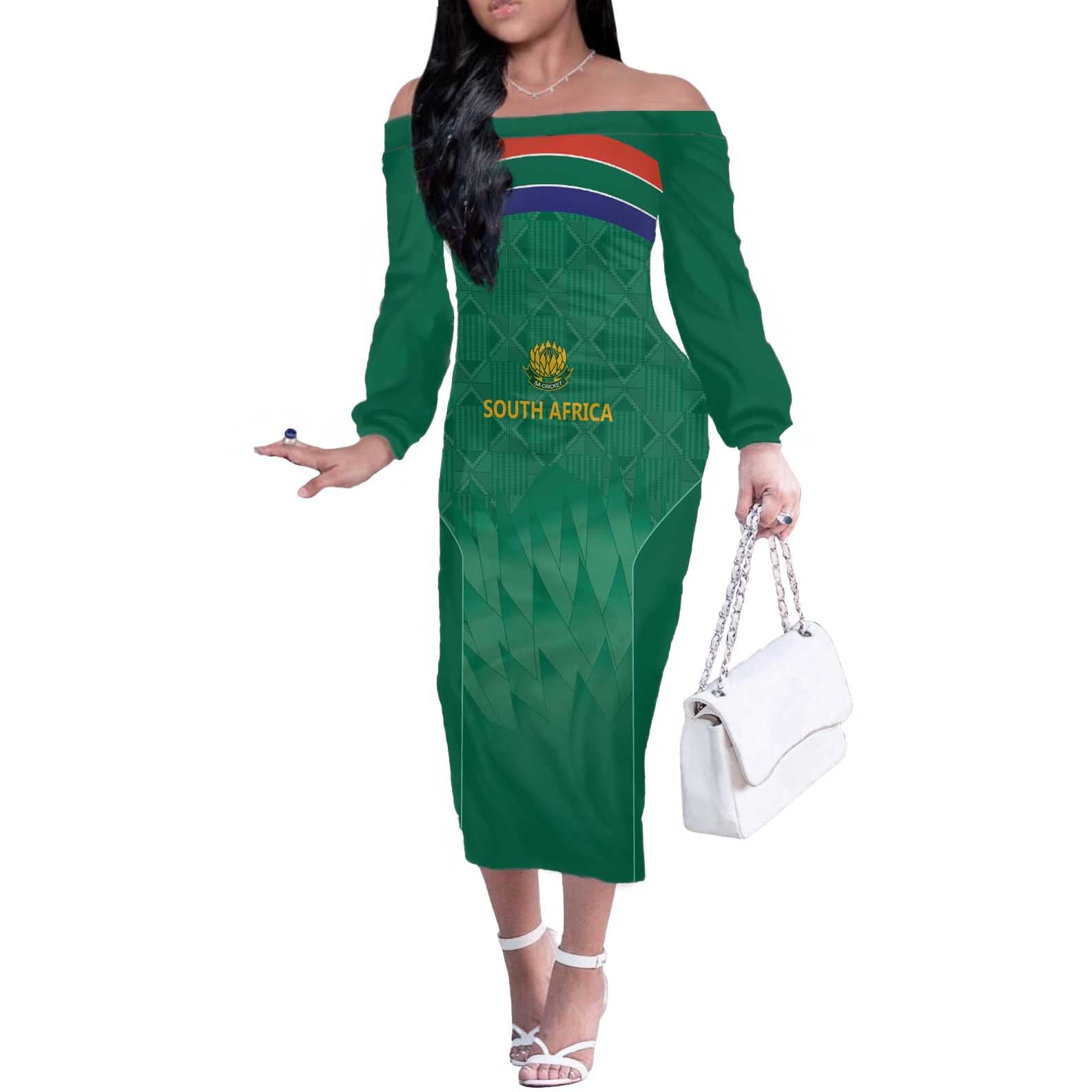 South Africa Cricket Custom Off The Shoulder Long Sleeve Dress Proteas Green - Wonder Print Shop