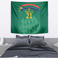 Green wall tapestry featuring Proteas crest, rainbow arc, and “YOUR TEXT 21”