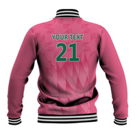 Pink baseball jacket back with striped ribbed hem, custom text and number 21, button front