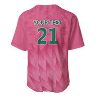 Pink cricket baseball jersey back with YOUR TEXT and number 21, geometric pattern