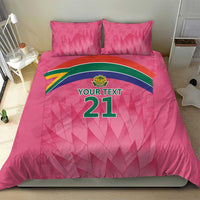 Pink bedding set with centered 'YOUR TEXT 21' and Proteas crest on duvet, two pillows