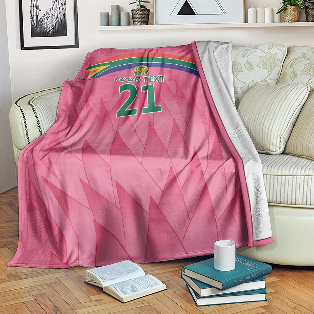 Pink custom cricket blanket with Proteas crest, YOUR TEXT 21, and rainbow stripes