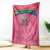 Pink custom cricket blanket showing front design: YOUR TEXT 21 and Proteas crest
