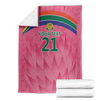 Pink custom cricket blanket folded, featuring Proteas crest, YOUR TEXT 21, and stripes