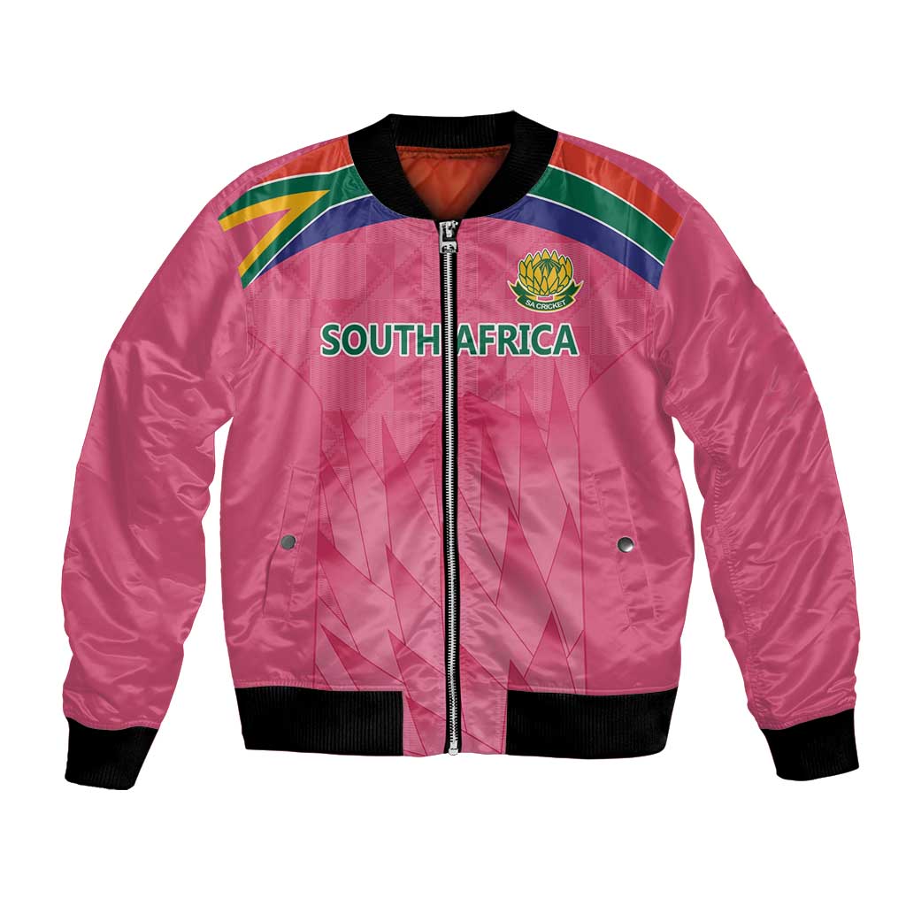 Pink unisex bomber jacket with front zip, black ribbed collar, cuffs, and hem