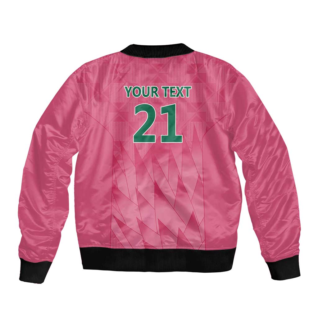 Pink unisex bomber jacket with back print YOUR TEXT 21 and black ribbed trim