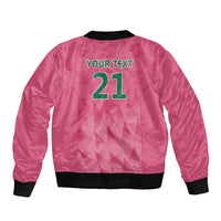 Pink unisex bomber jacket with back print YOUR TEXT 21 and black ribbed trim