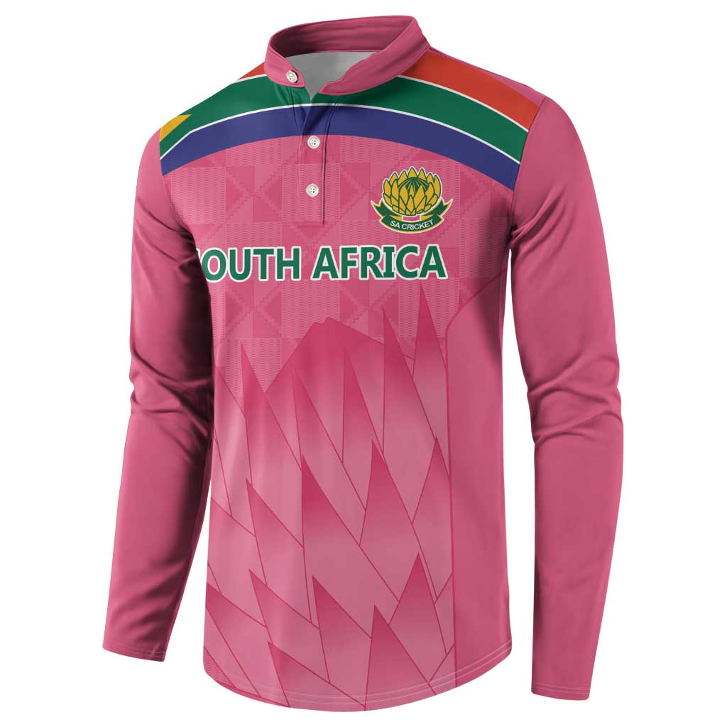 Pink South Africa cricket button sweatshirt, chest graphic and green/yellow trim