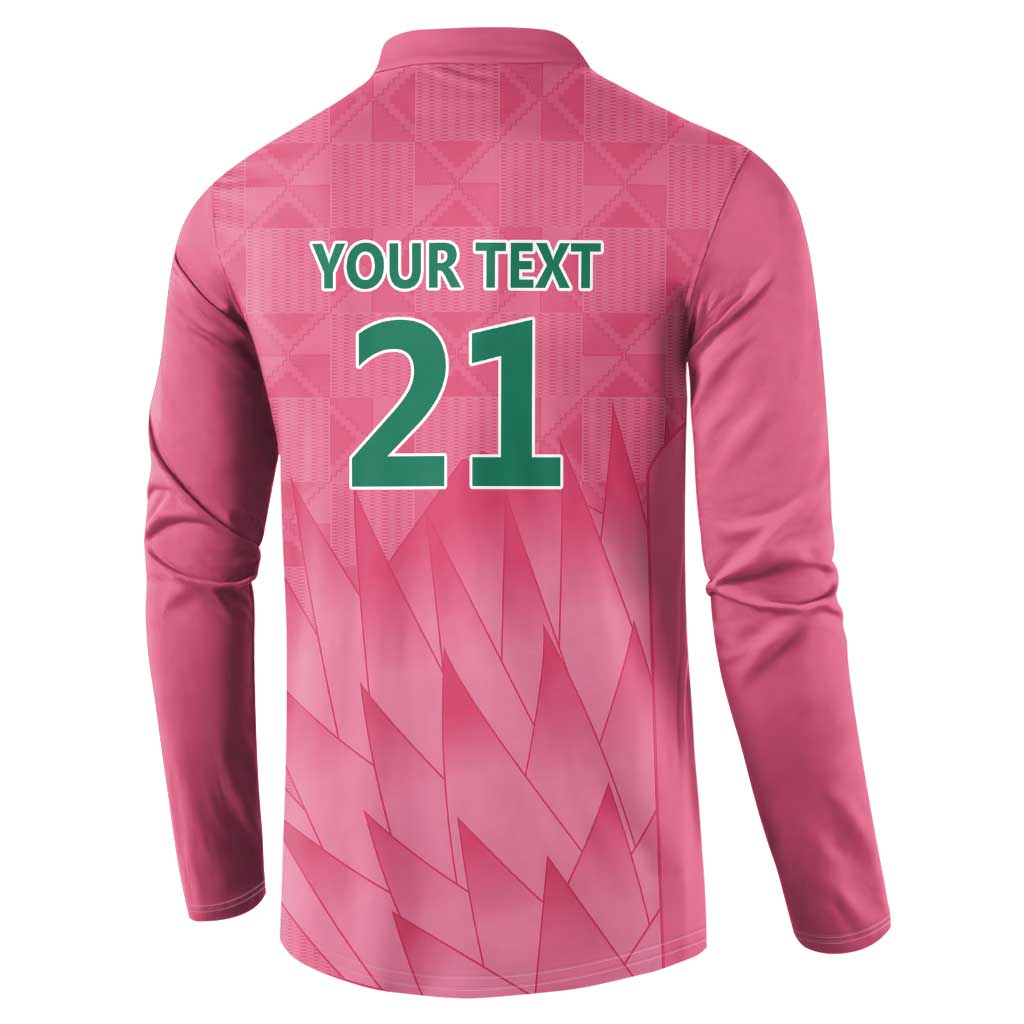Pink cricket sweatshirt back with YOUR TEXT 21 and pattern
