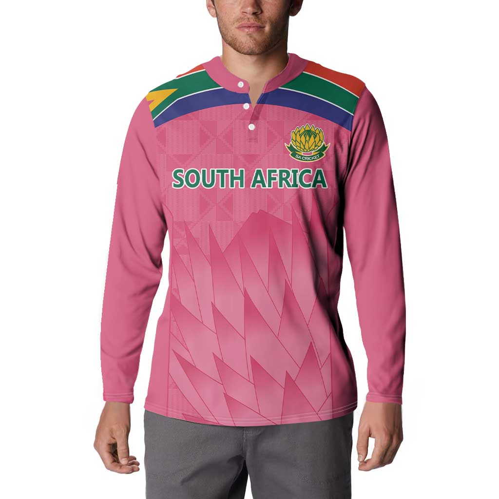 Pink South Africa cricket button sweatshirt on model with chest logo and collar